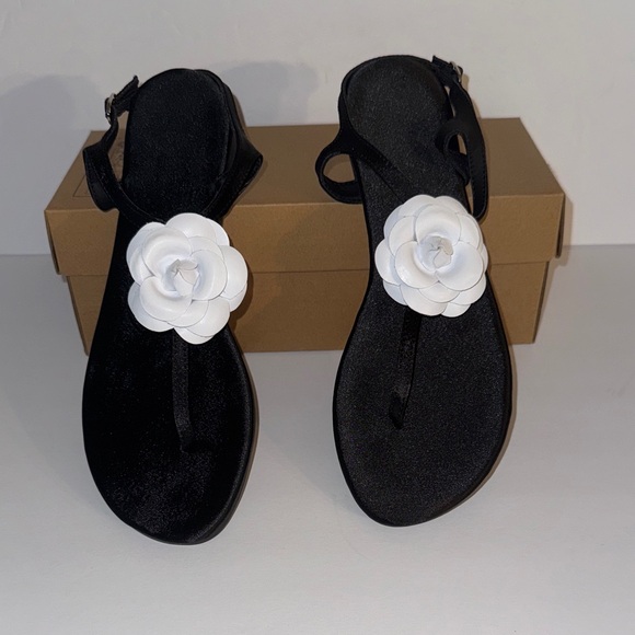 SHEIN Shoes - Black Satin Sandals with White Leather Flower  New Sz 9